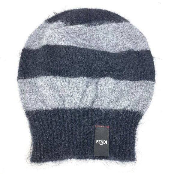 FENDI FXQ107 beanie hat knit hat knit cap border Black/White
